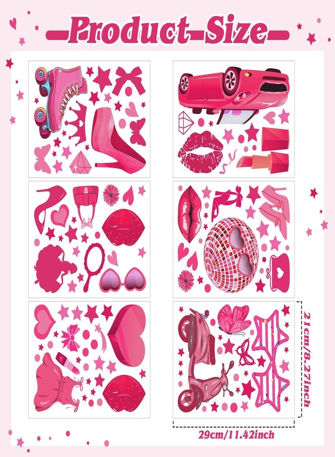 Chivertion 116 Pcs Hot Pink Girl Wall Stickers, Princess Doll Lip Heart Room Decor for Girls Bedroom, Removable Pink Wall Decor, Pink Girls Decorations Decals Sticker, 11.4 x 8.3 Inch, 6 Sheets - Image 2